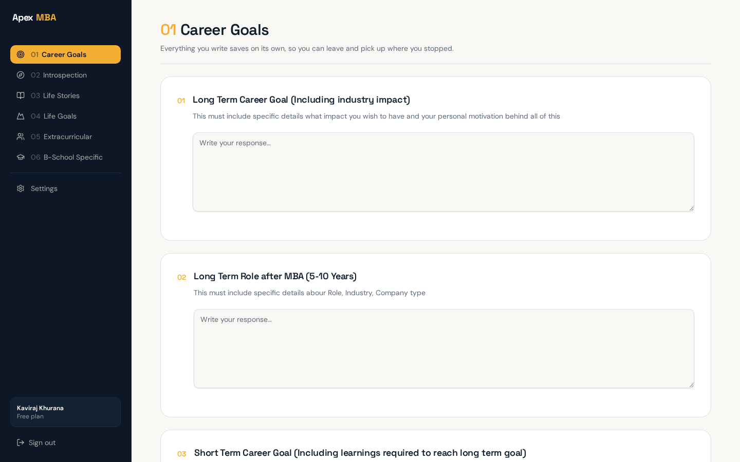 Career Goals prompts in the Apex MBA workspace