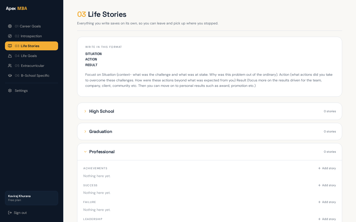 Life Stories section of the Apex MBA workspace