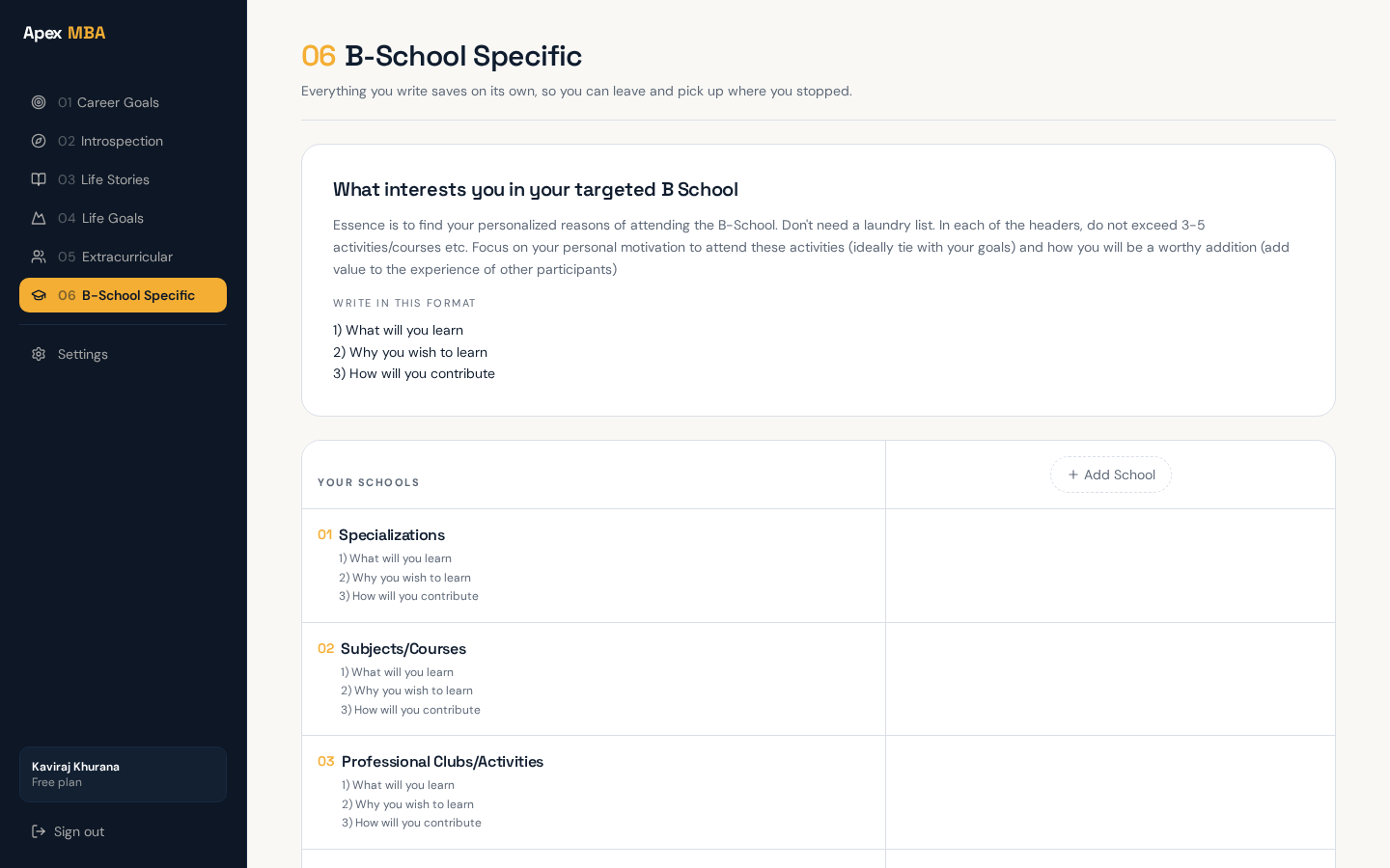 B-School Specific research grid in the Apex MBA workspace